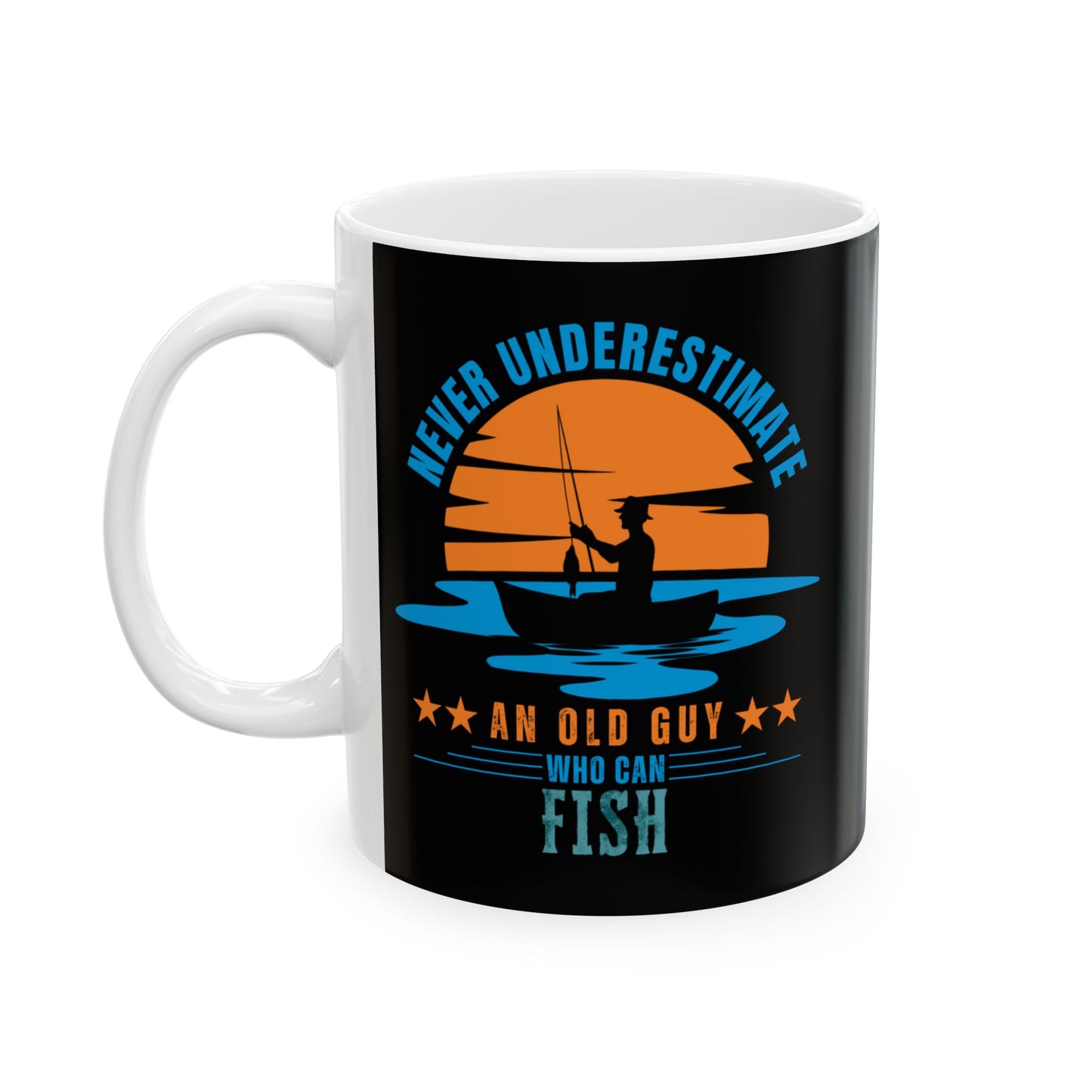 Left view of black mug with fishing-themed design and text on a white background