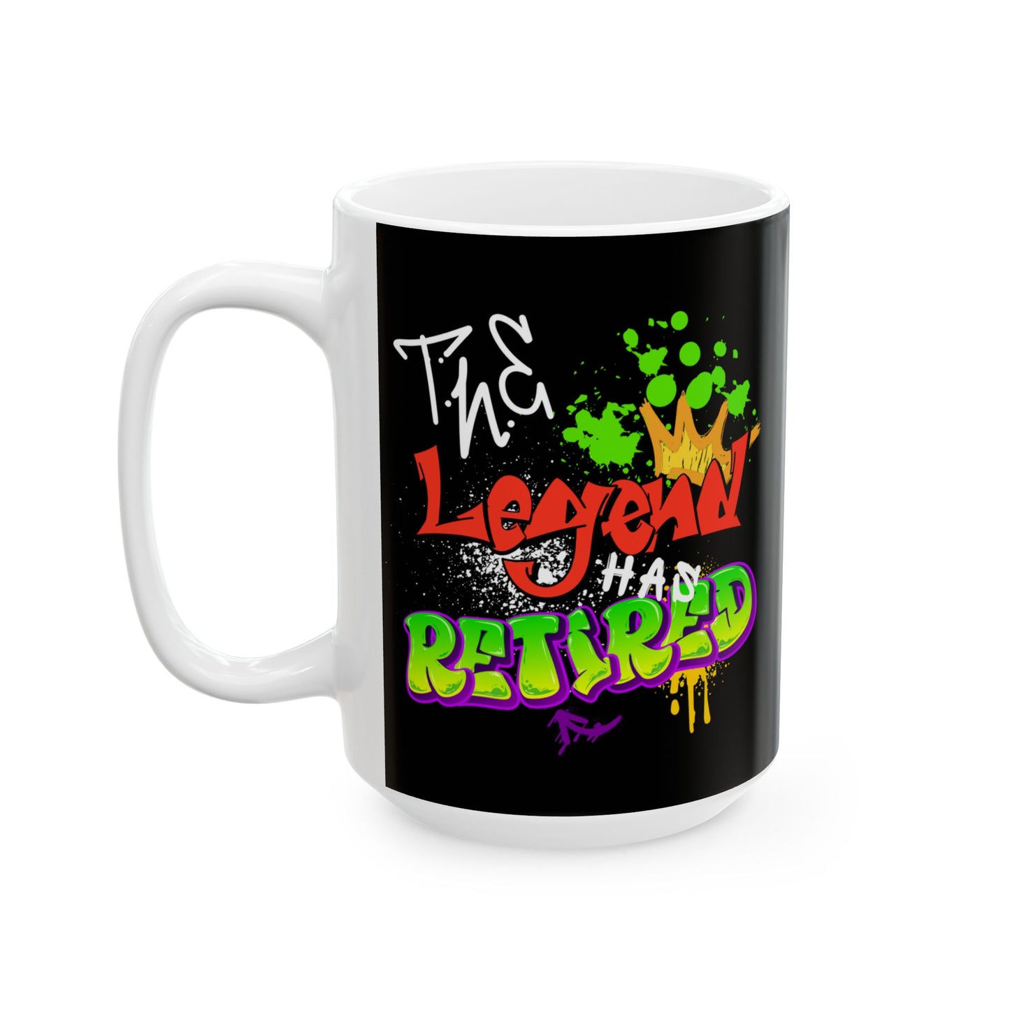 Left side Mug with colorful text design on a black background