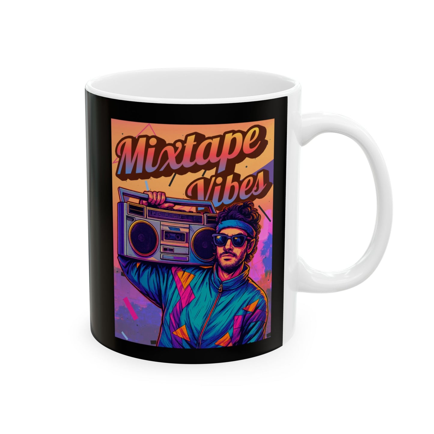 Right side of Mug with 'Mixtape Vibes' design featuring a person holding a boombox.