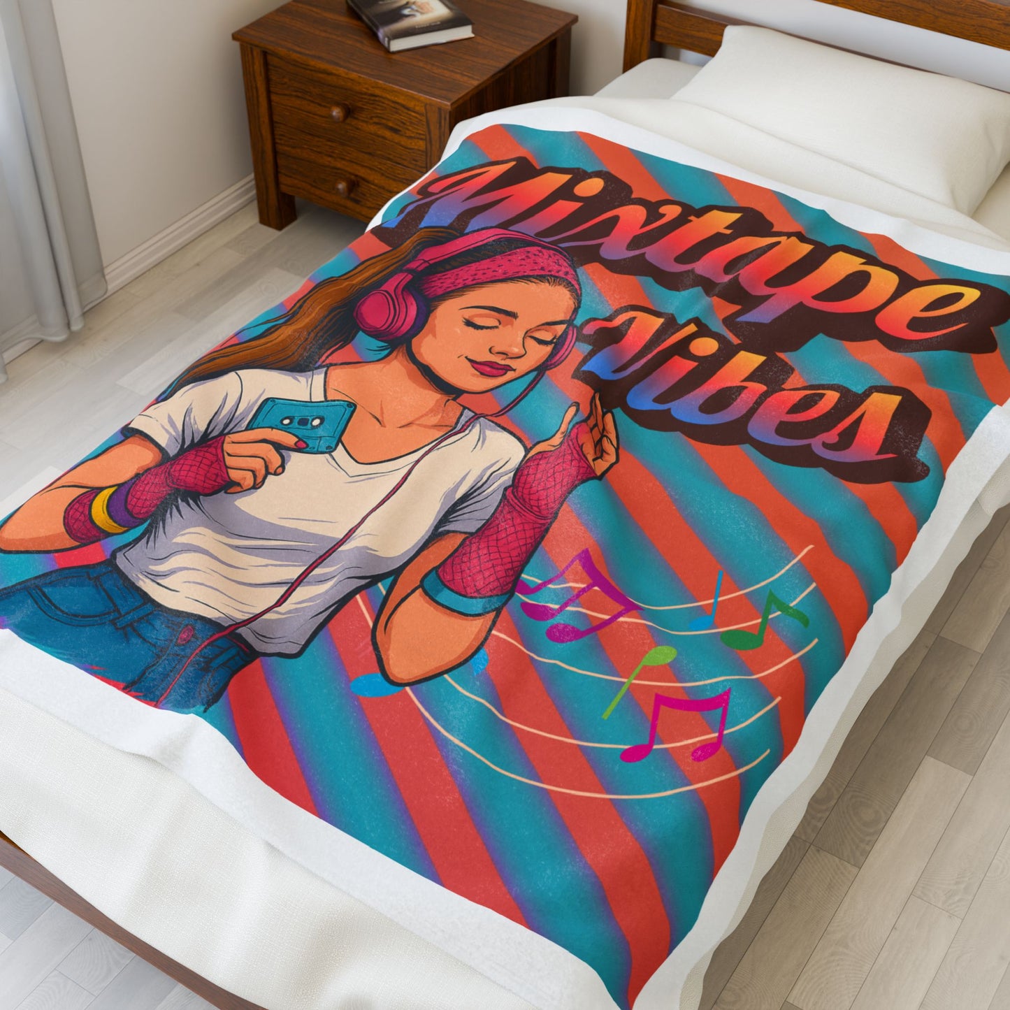 50X60 Colorful blanket with a design of a teen girl listening to music and the text 'Mixtape Vibes' on a bed.