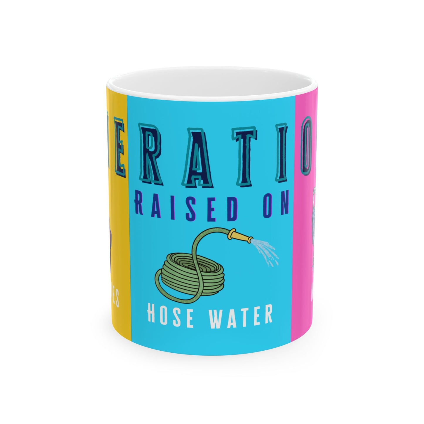 Side of Mug with colorful design and text on a white background