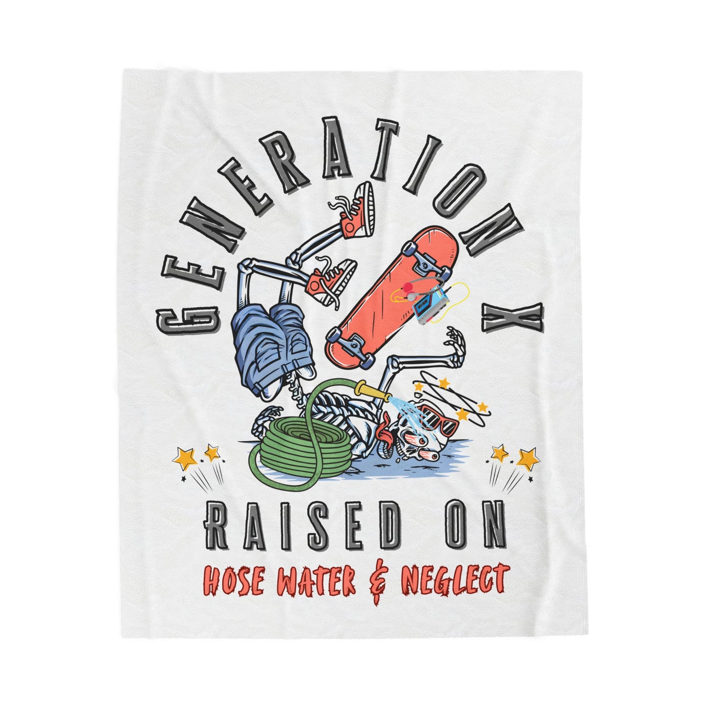 White t-shirt with colorful graphic design and text on a white background