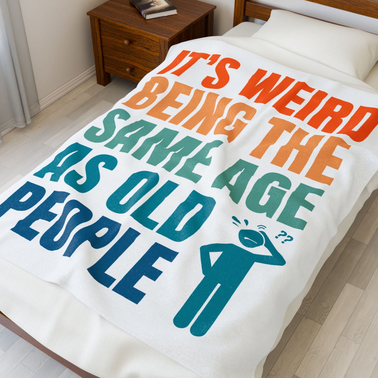 Blanket with humorous text design on a bed in a bedroom setting 50x60