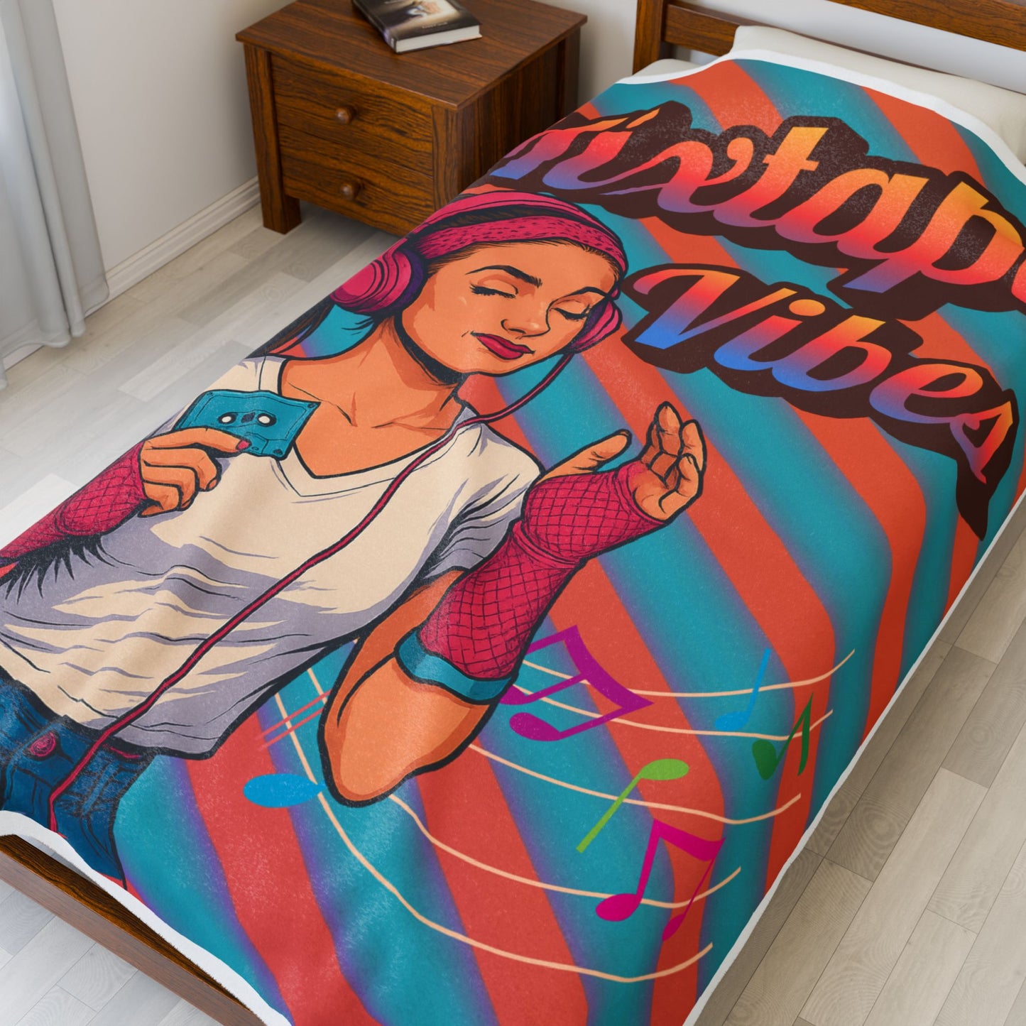 60X80 plush blanket with a design of a teen girl listening to music and the text 'Mixtape Vibe' on a bed.