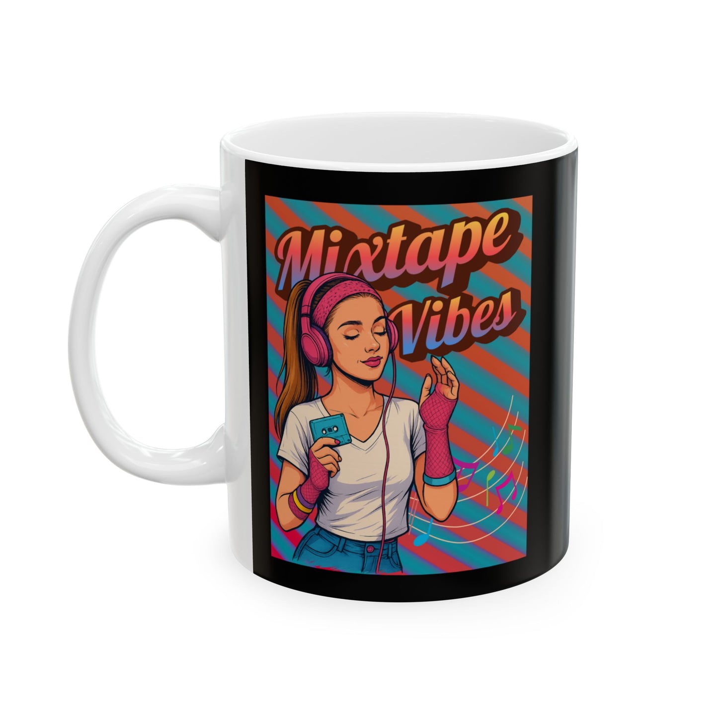 Left side Mug with 'Mixtape Vibes' design featuring a person with headphones and a music player.