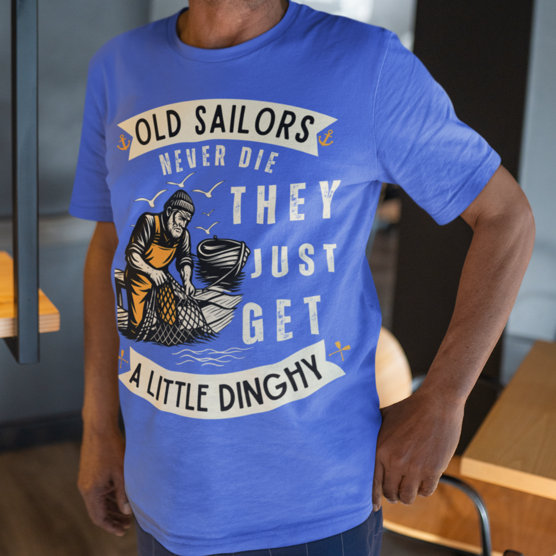 Royal blue t-shirt featuring 'Old Sailors Never Die' with an anchor graphic
