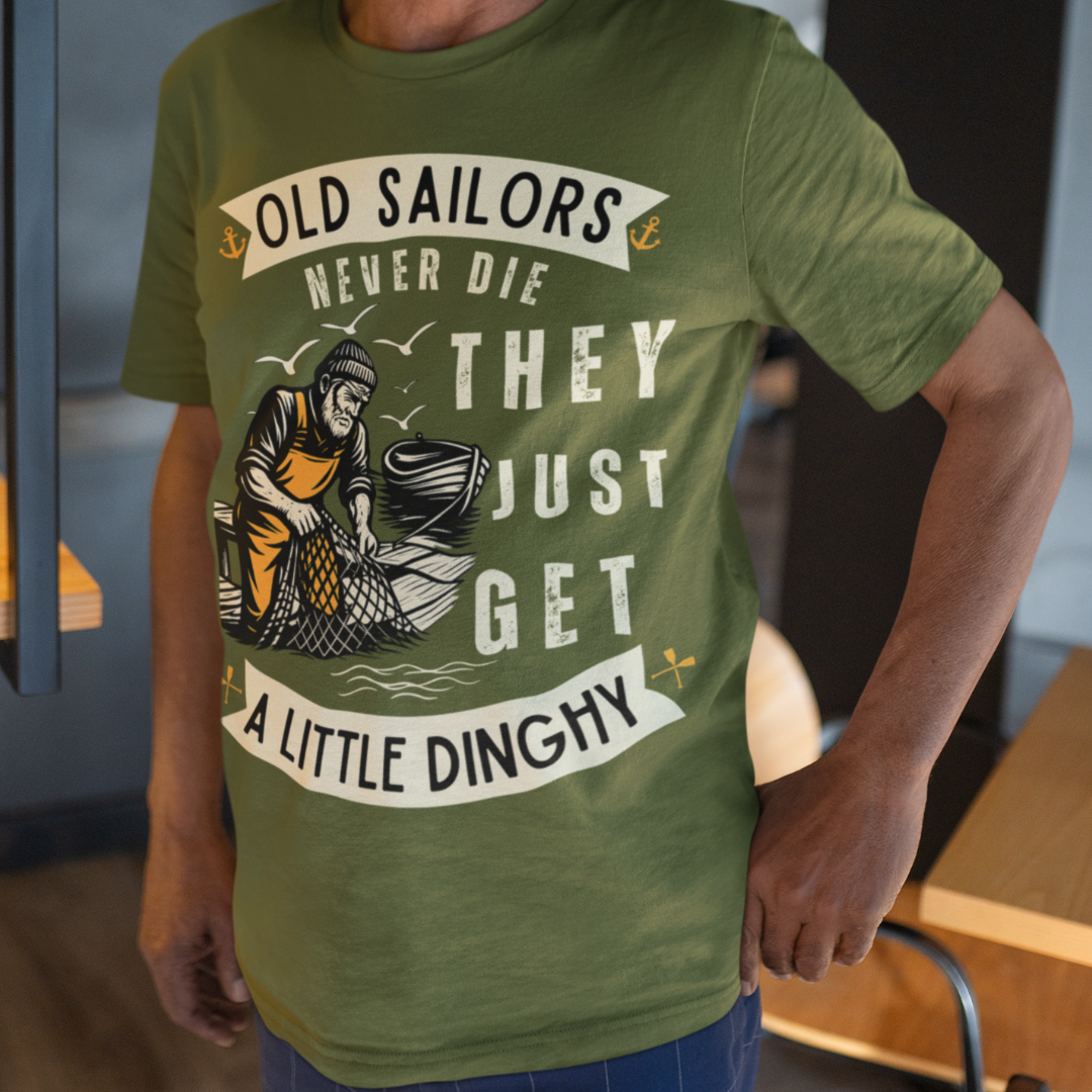 Military green t-shirt featuring 'Old Sailors Never Die' with an anchor graphic