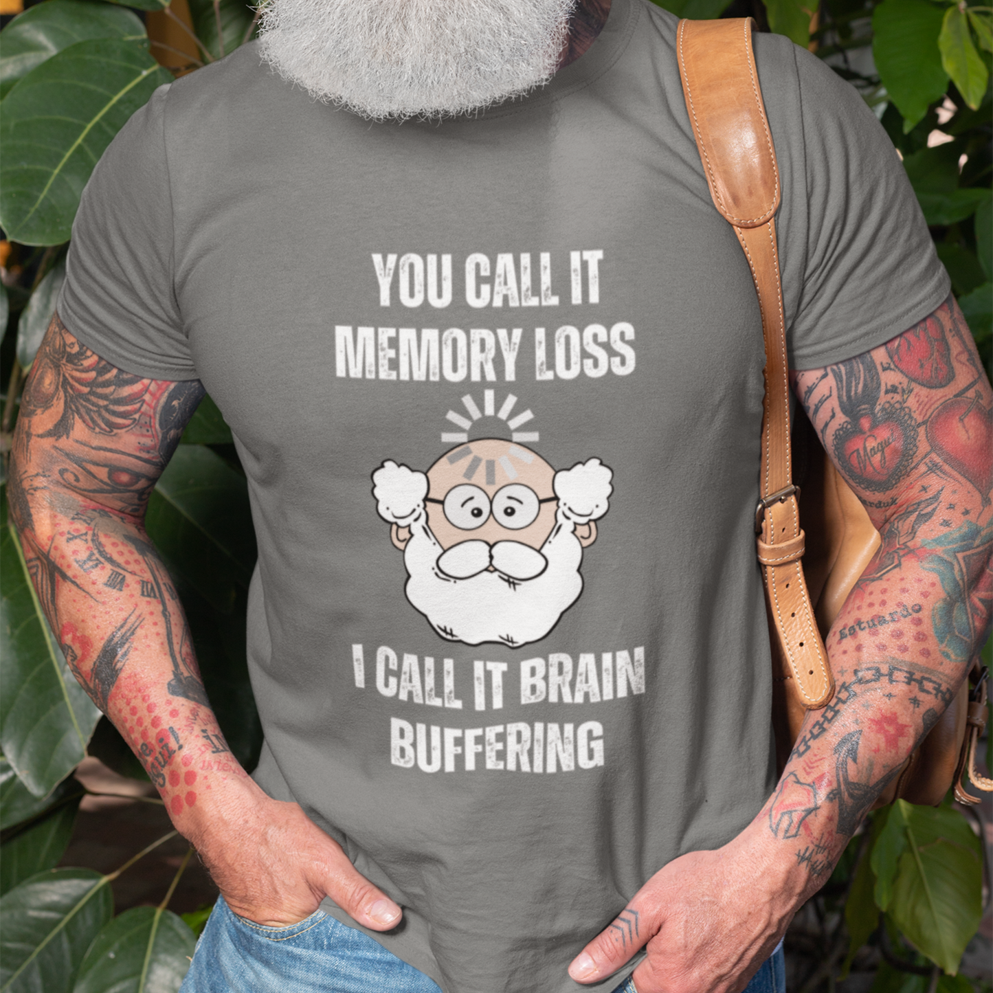 Heather gray t-shirt featuring the phrase 'Brain Buffering' with a loading icon graphic and a bald, bearded light-tone senior.