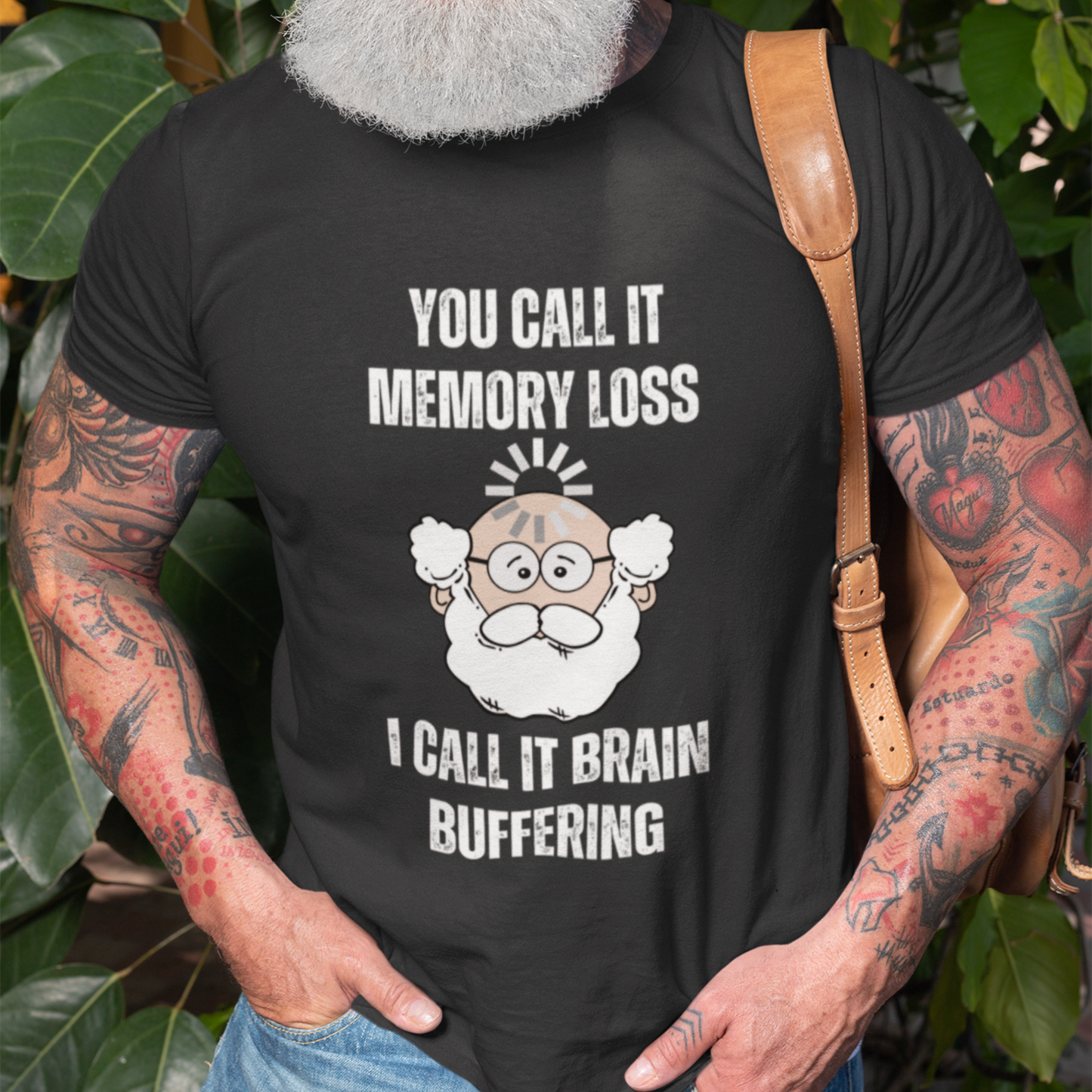 Black t-shirt featuring the phrase 'Brain Buffering' with a loading icon graphic and a bald, bearded light-tone senior.