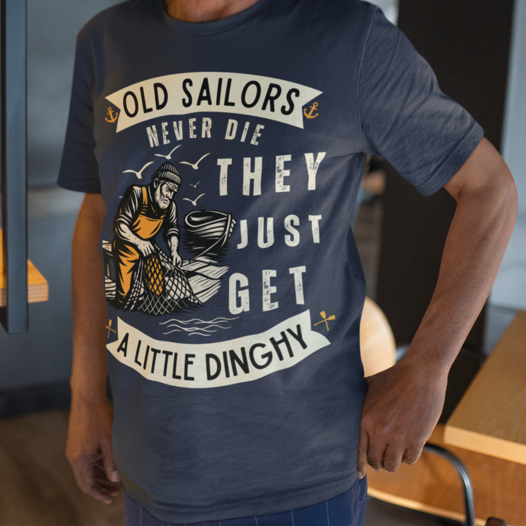Navy blue t-shirt featuring 'Old Sailors Never Die' with an anchor graphic