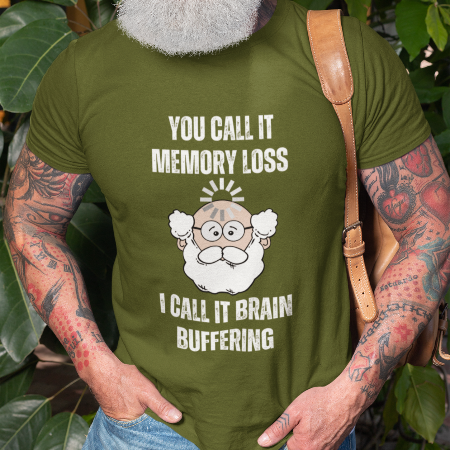 Military green t-shirt featuring the phrase 'Brain Buffering' with a loading icon graphic and a bald, bearded light-tone senior.