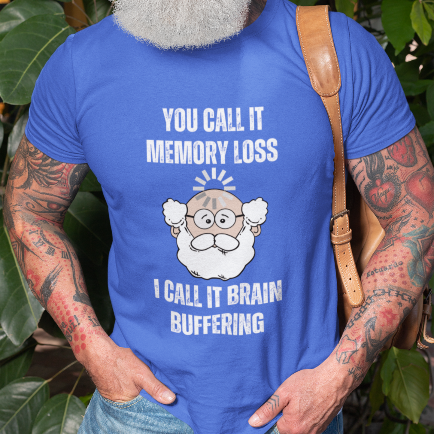 Royal blue t-shirt featuring the phrase 'Brain Buffering' with a loading icon graphic and a bald, bearded light-tone senior.