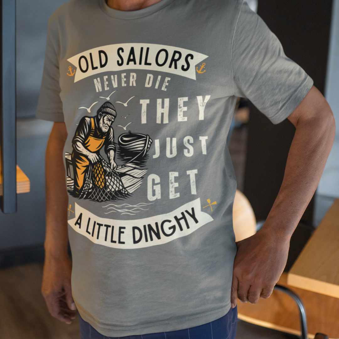 Heather gray t-shirt featuring 'Old Sailors Never Die' with an anchor graphic