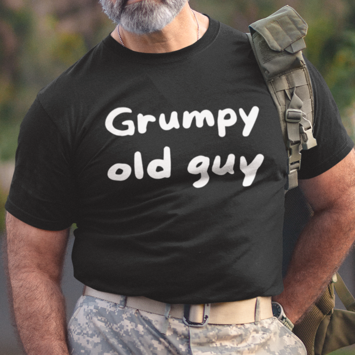 Black t-shirt with bold lettering stating "Grumpy Old Man"