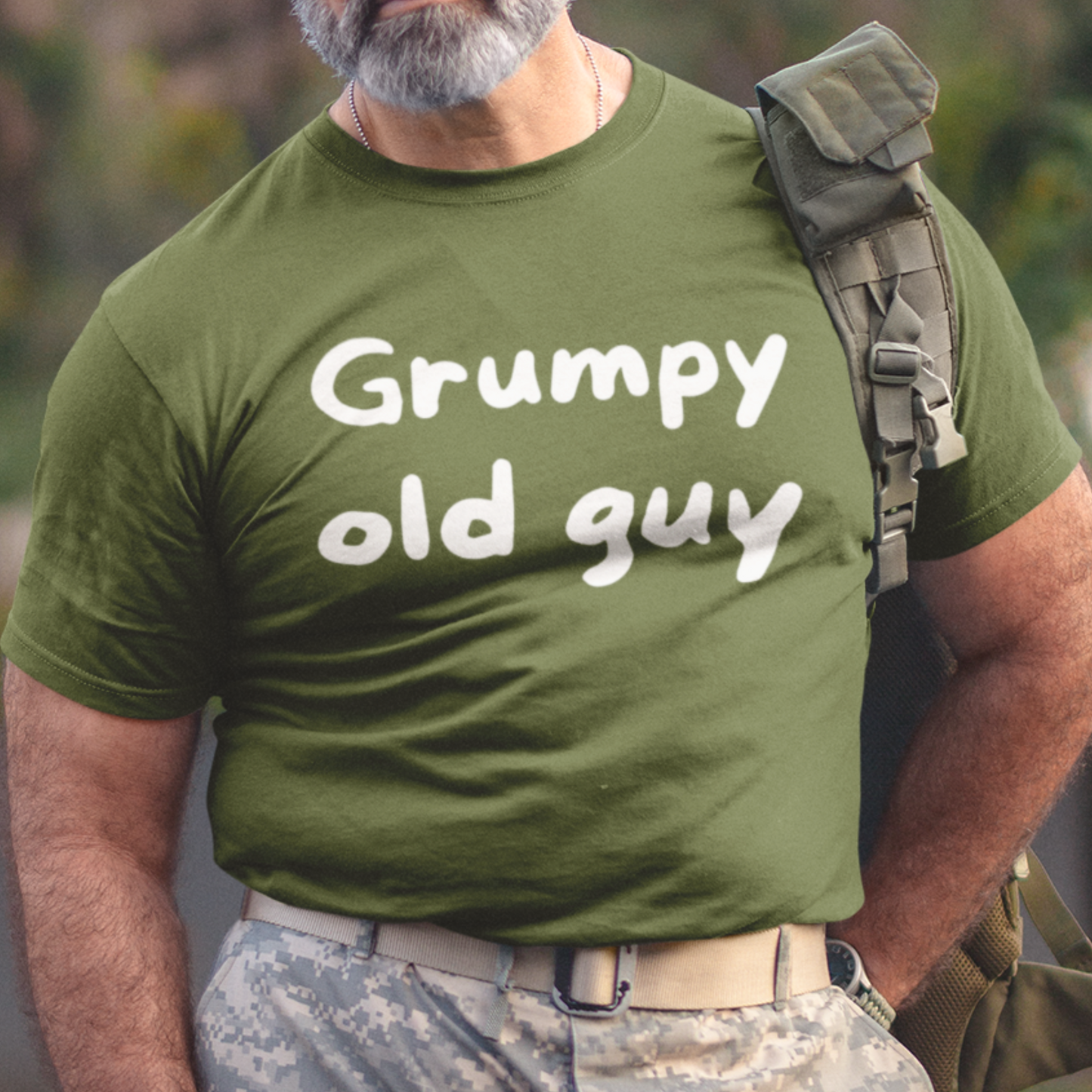 Military green t-shirt with bold lettering stating "Grumpy Old Man"