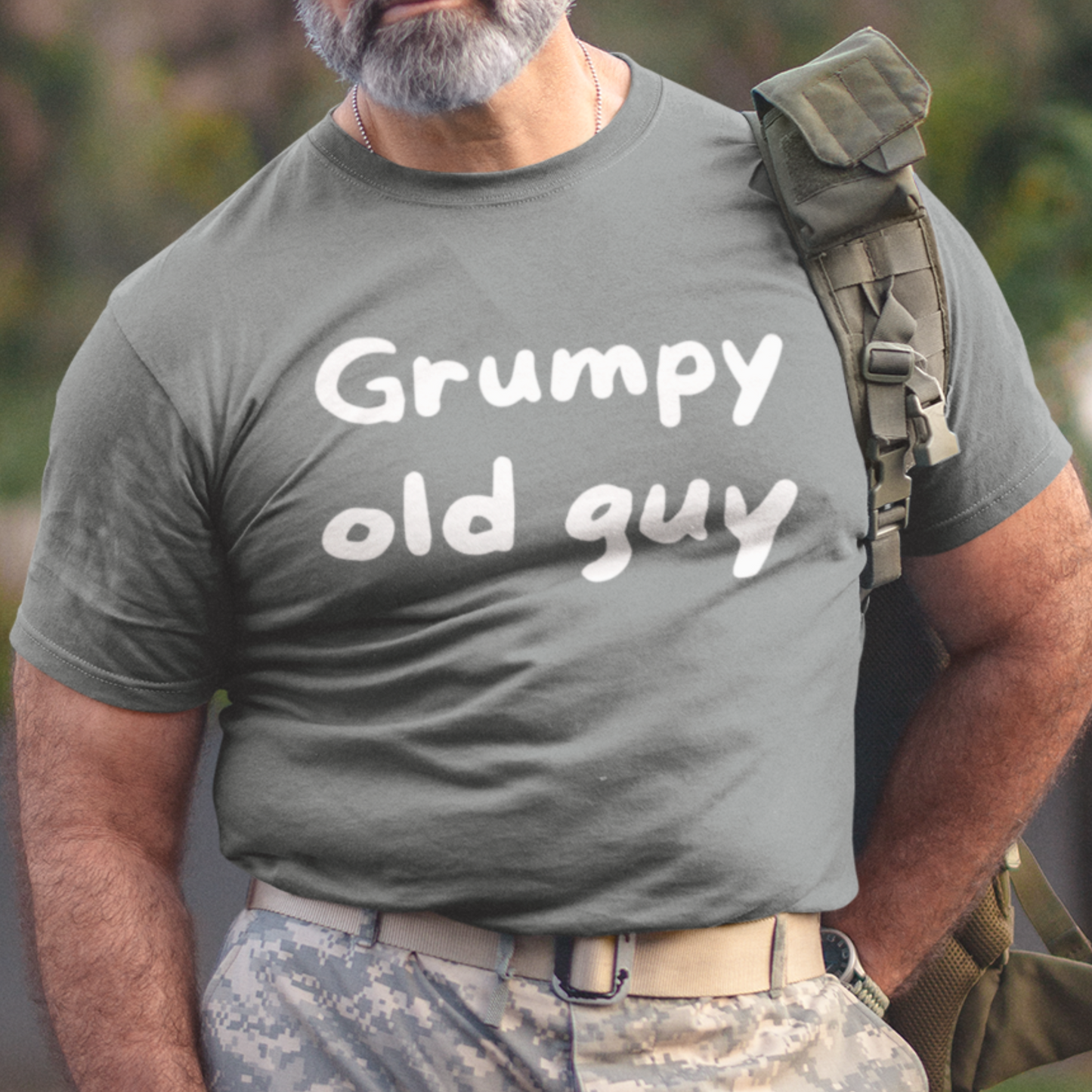 Heather gray t-shirt with bold lettering stating "Grumpy Old Man"