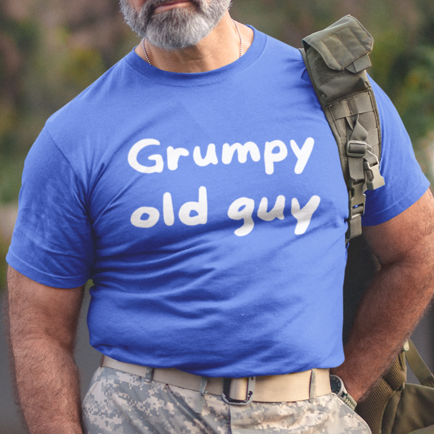 Royal blue t-shirt with bold lettering stating "Grumpy Old Man"