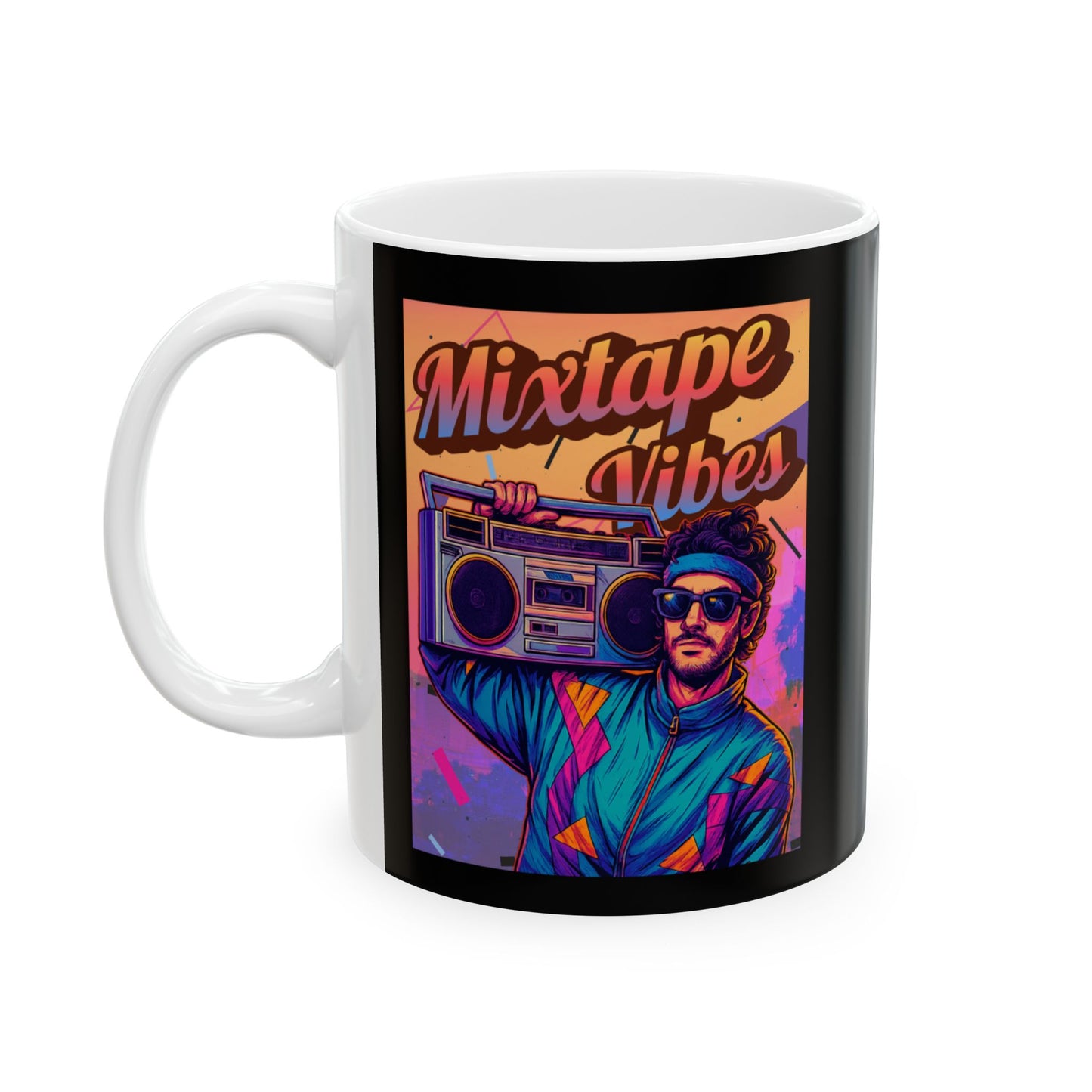 Left side of mug with 'Mixtape Vibes' design featuring a person holding a boombox on a colorful background.