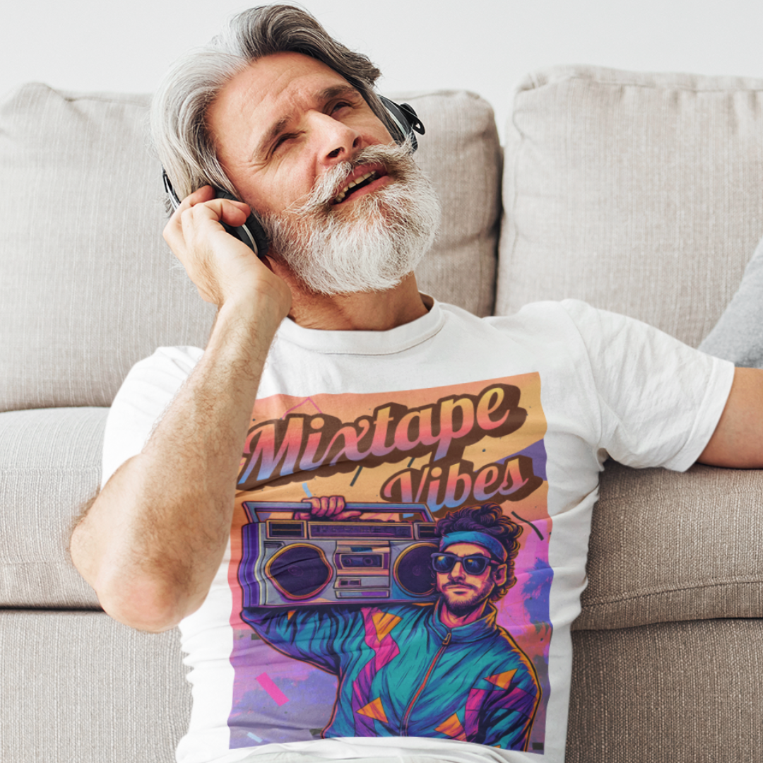 White tee featuring a young man girl from the 1980s listening to his boom box with a pastel sunset in the background