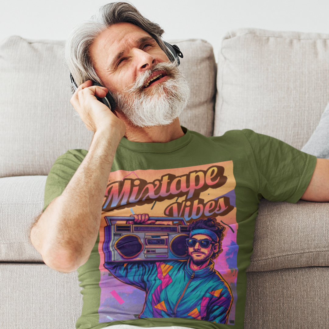 Military green tee featuring a young man girl from the 1980s listening to his boom box with a pastel sunset in the background