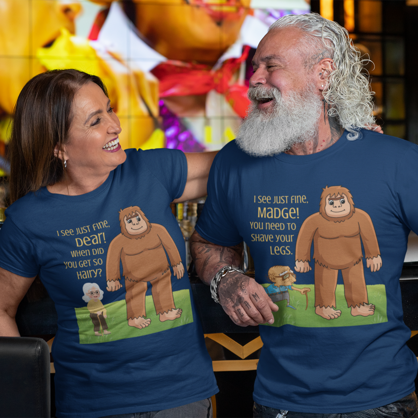 Navy blue tee featuring an old woman with poor eyesight confusing hairy Bigfoot for her husband