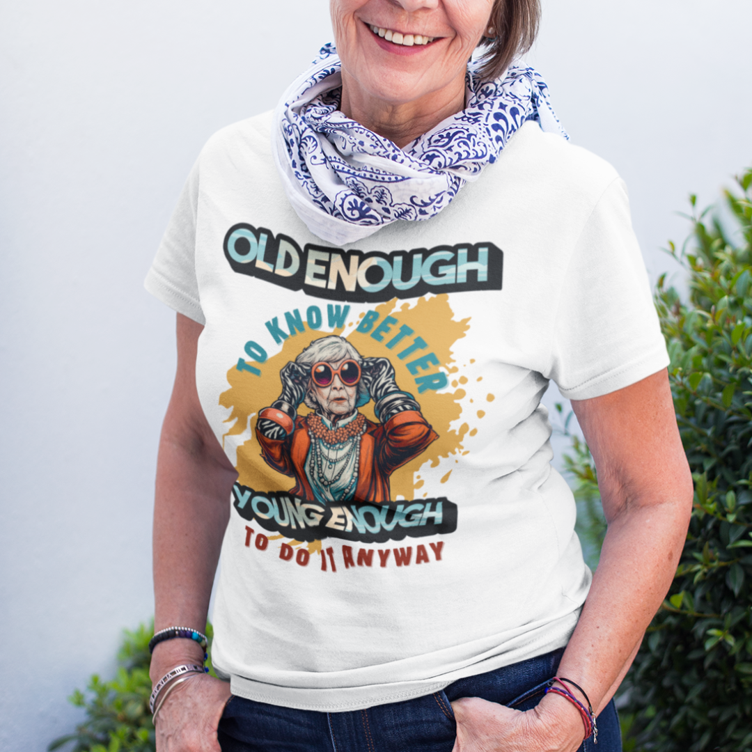 White tee featuring an older woman in over the top fashion is full of attitude and lightheartedness