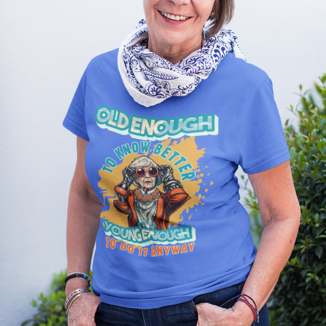 Royal blue tee featuring an older woman in over the top fashion is full of attitude and lightheartedness