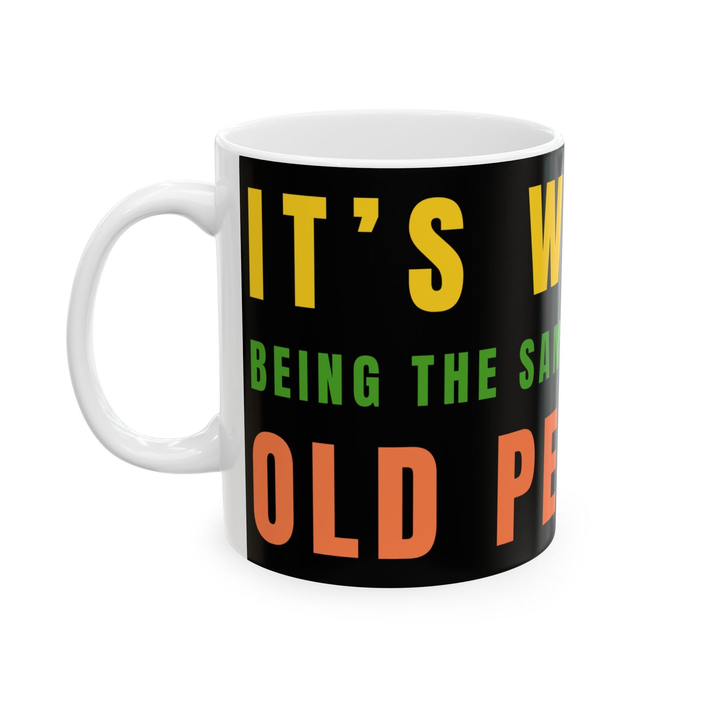 Mug with colorful text on a black background
