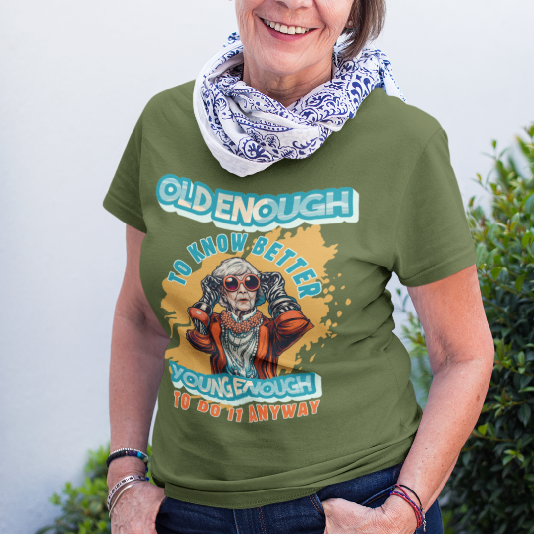 Military green tee featuring an older woman in over the top fashion is full of attitude and lightheartedness