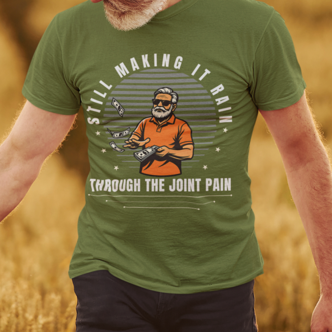 Military green t-shirt with a gray-bearded man in an orange golf shirt raining dollar bills