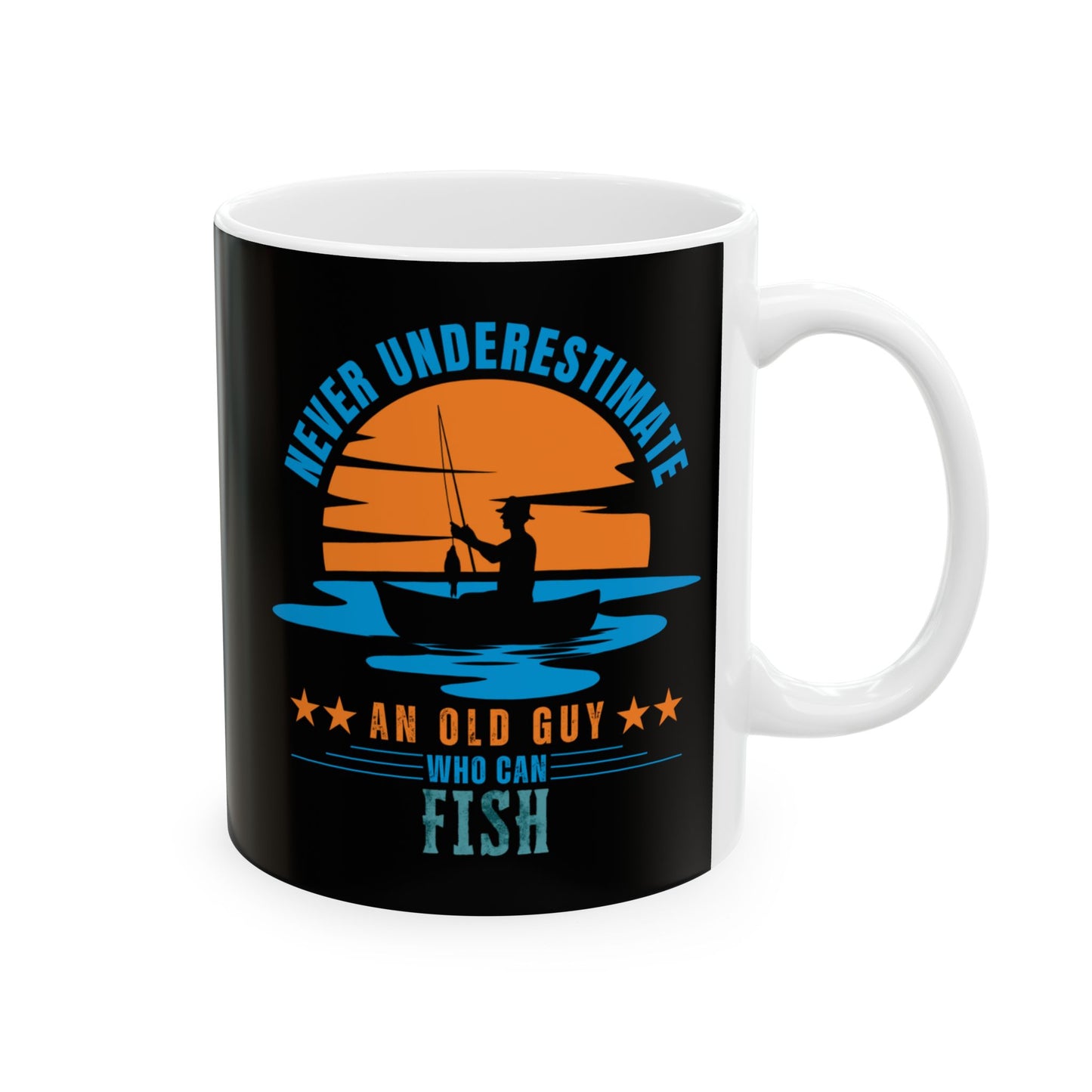 Right view of black mug with fishing design and text