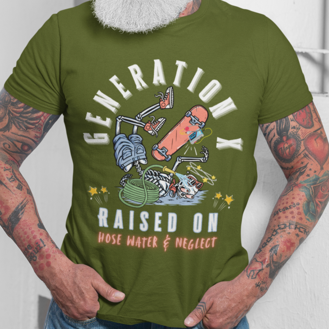 Person wearing a green t-shirt with a graphic design and text.