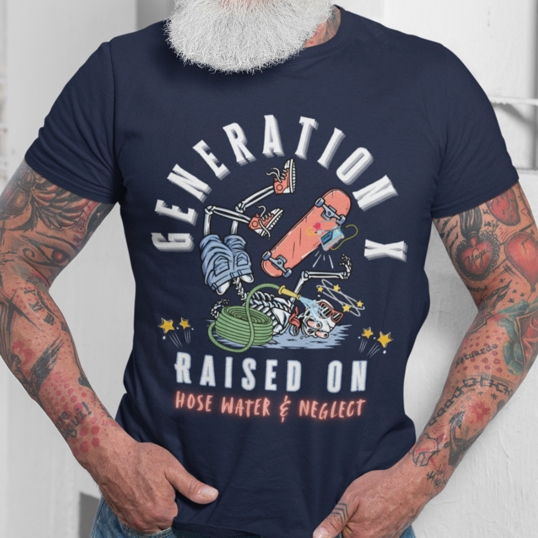 Man wearing a navy blue t-shirt with a graphic design and text.