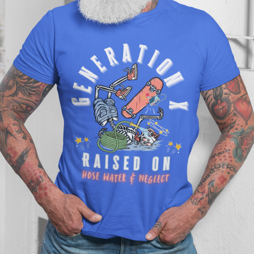 Person wearing a blue t-shirt with graphic design and text
