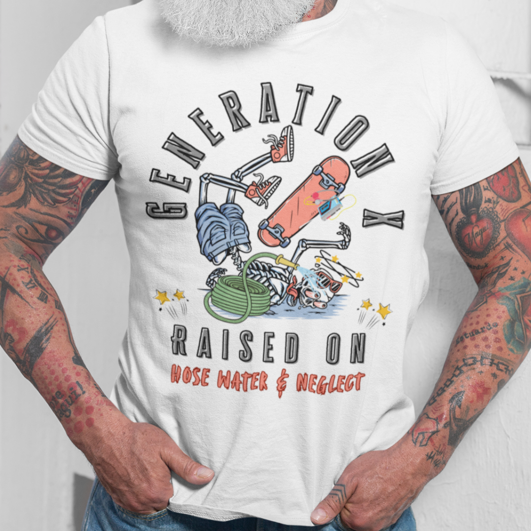 Person wearing a white t-shirt with a graphic design and text.