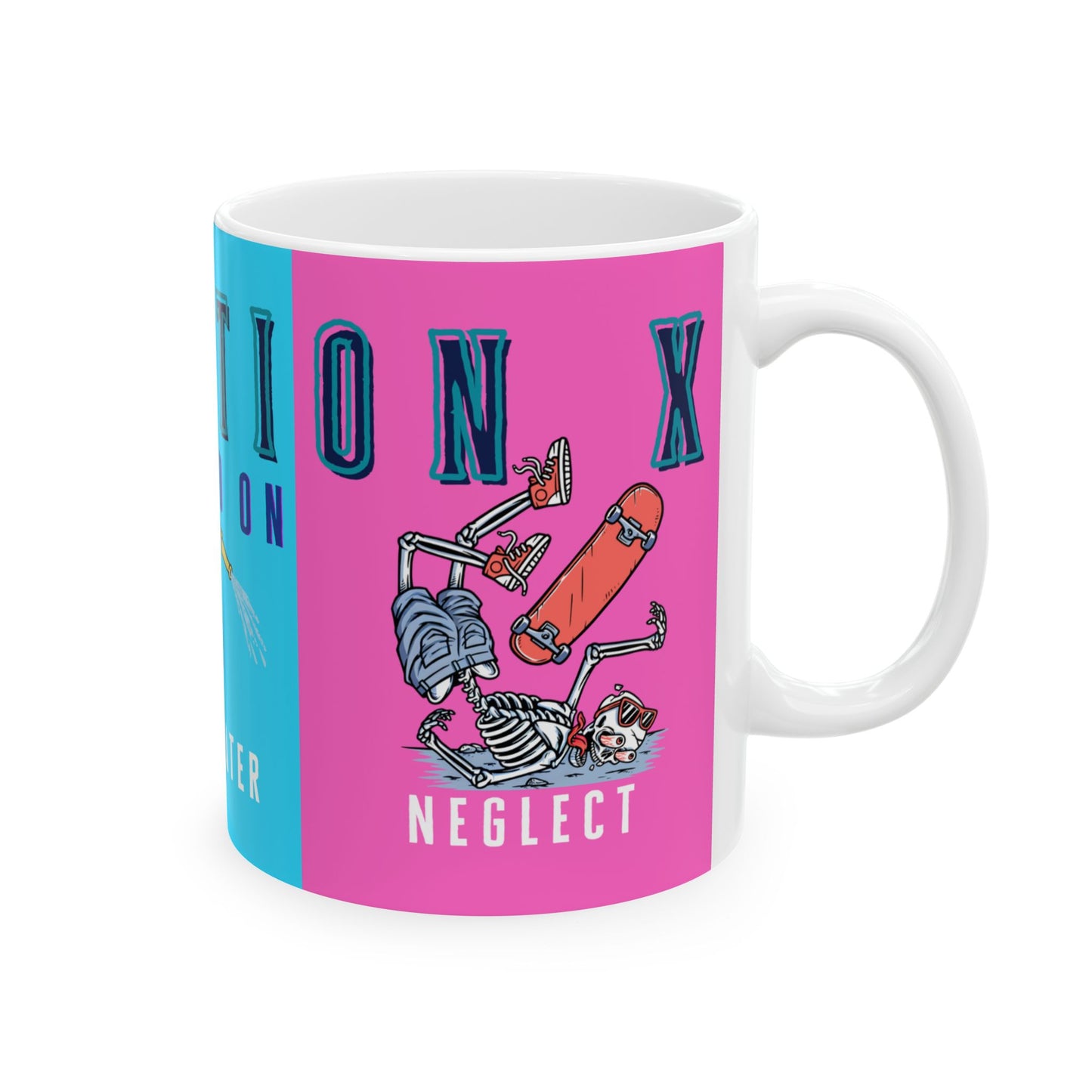 Right side of Mug with colorful design featuring graphics and vibrant colors.