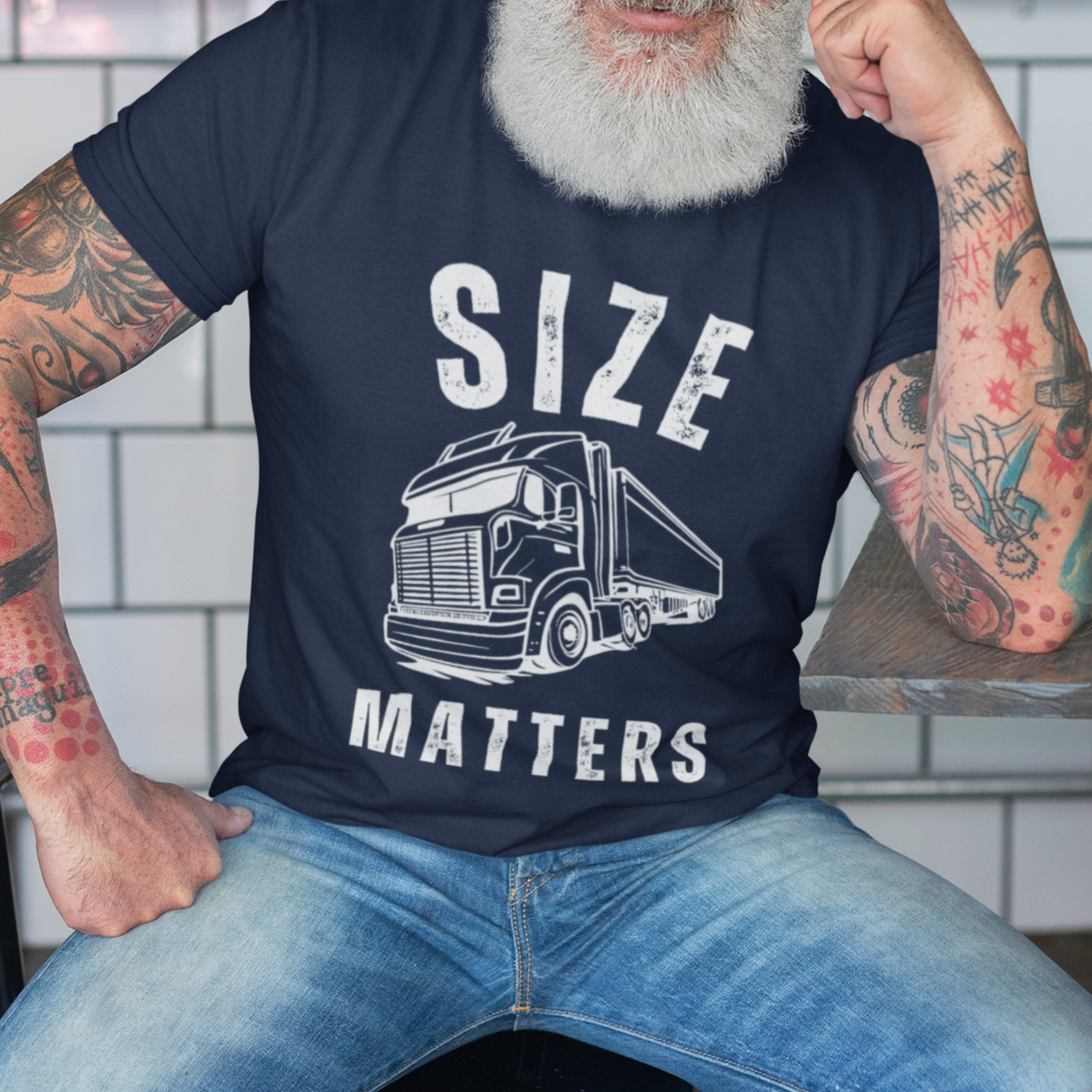 Navy blue t-shirt featuring a tractor-trailer semi truck that reads, Size Matters, in bold lettering