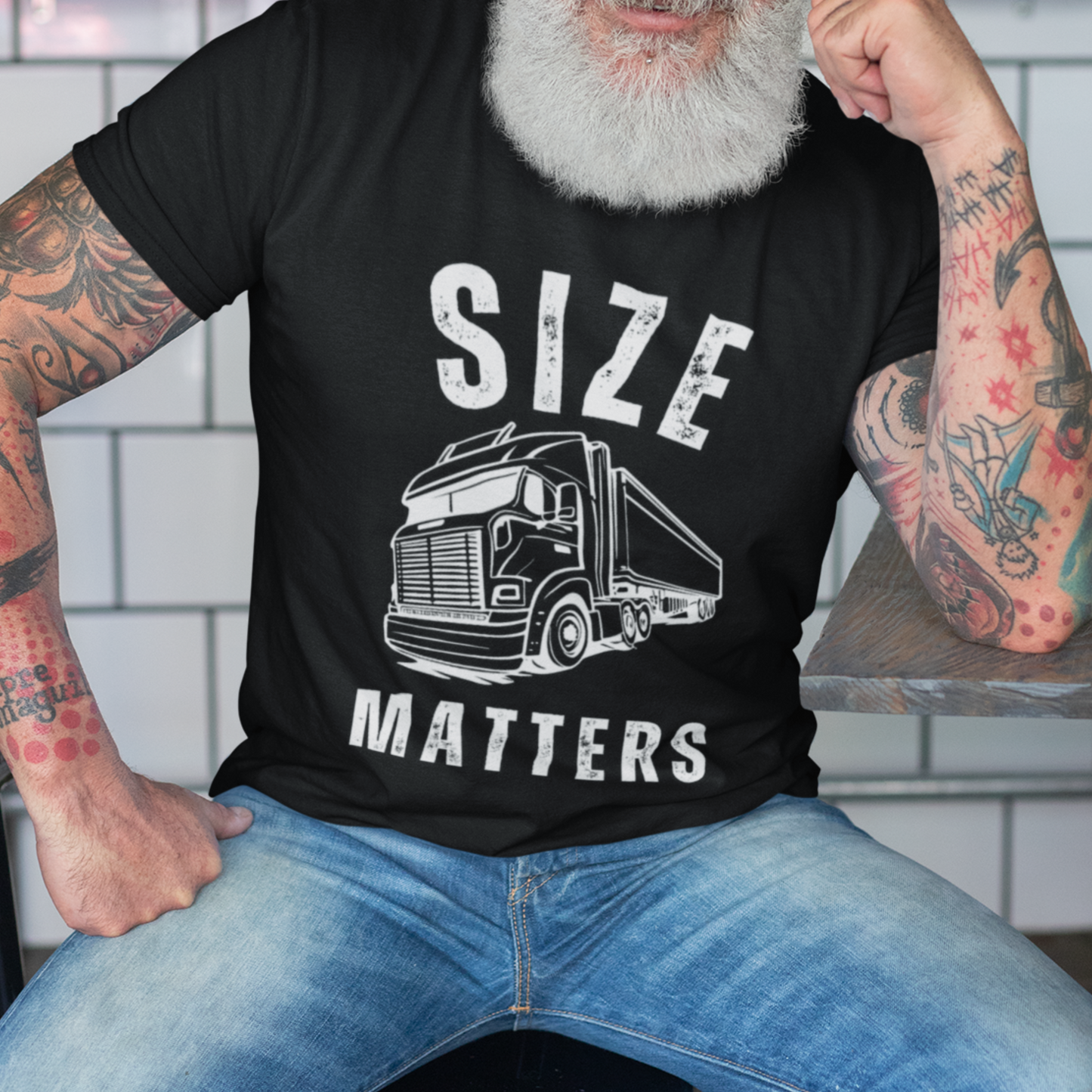 Black t-shirt featuring a tractor-trailer semi truck that reads, Size Matters, in bold lettering