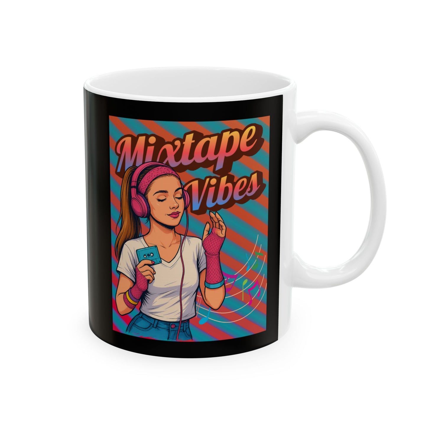 Right side Mug with 'Mixtape Vibes' design featuring a person with headphones and a music player.