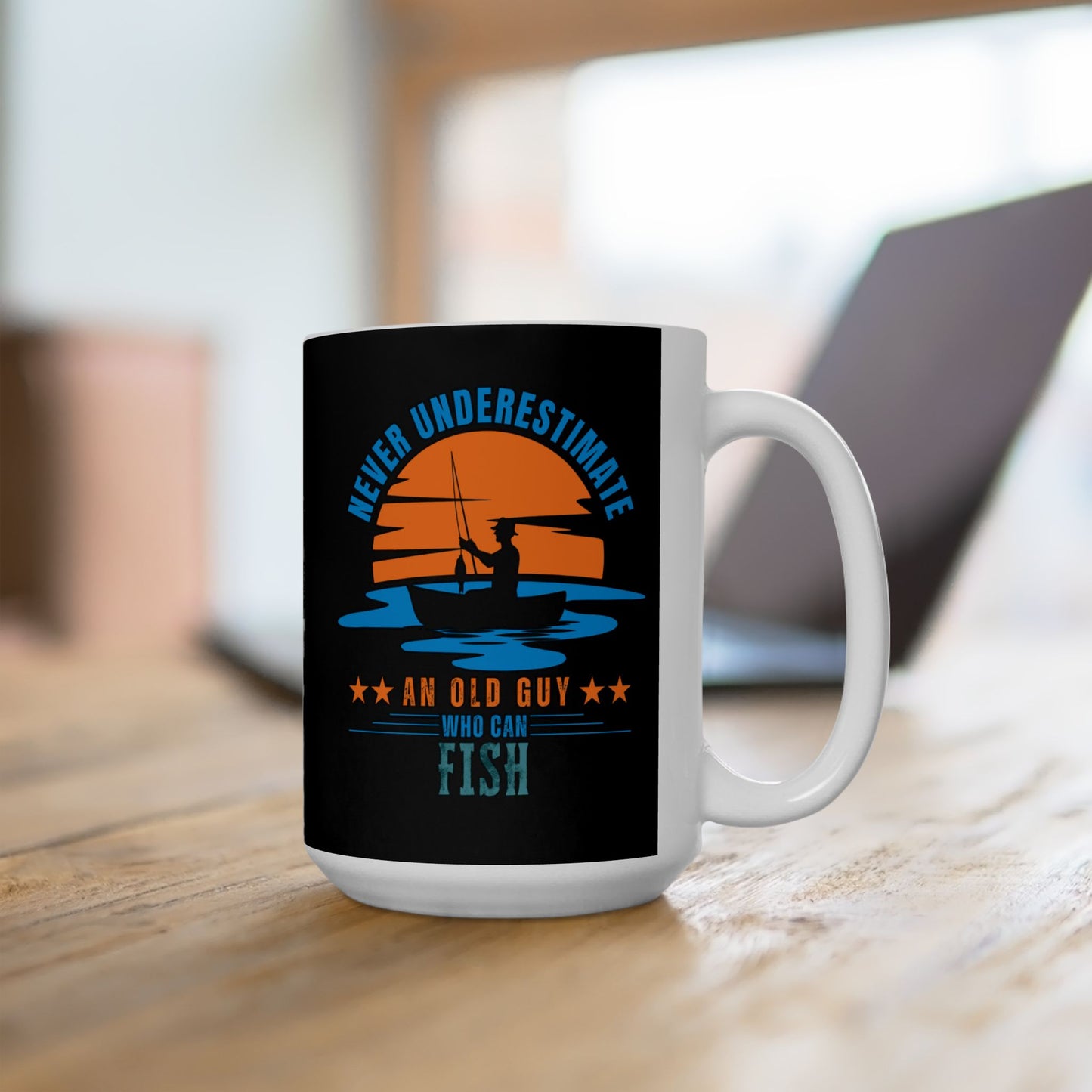 Never Underestimate an Old Guy Who Can Fish Funny Mug (Black)