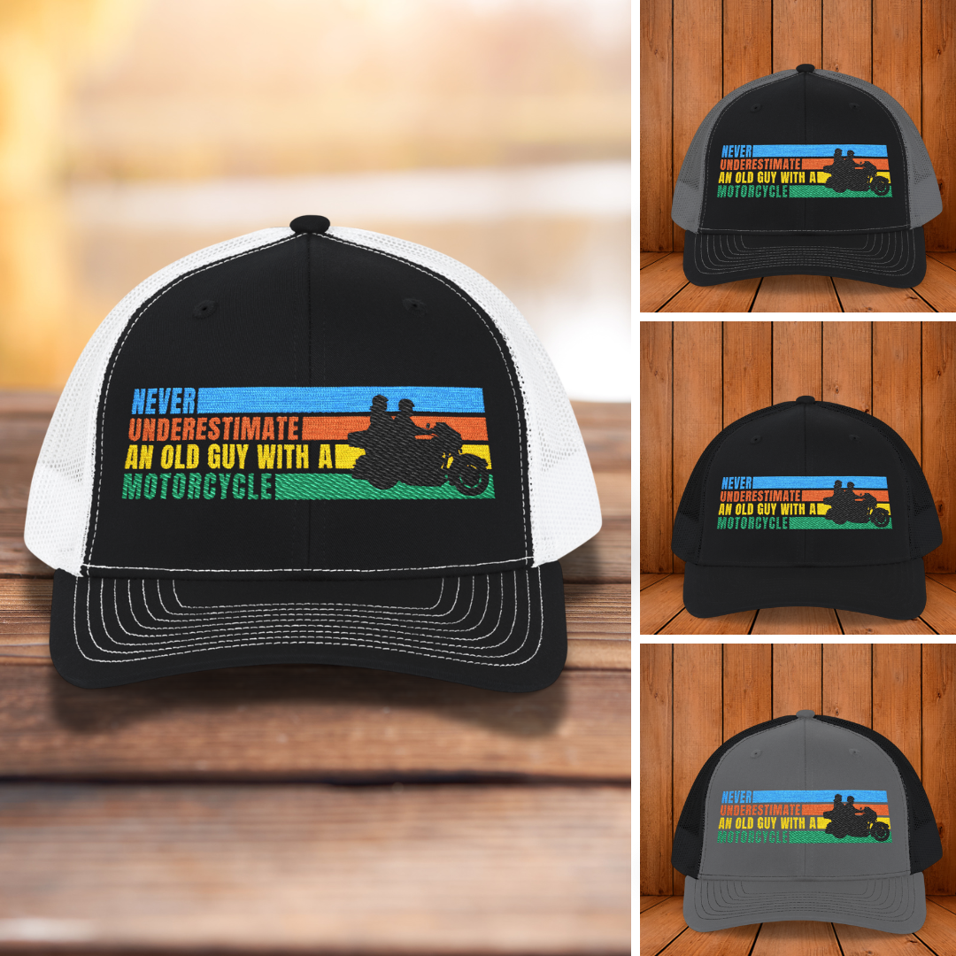 Riding Hat: Never Underestimate an Old Guy with a Motorcycle Embroidered Cap