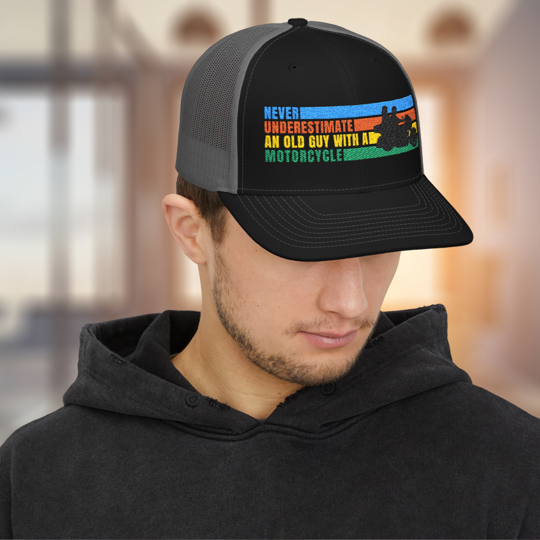 Riding Hat: Never Underestimate an Old Guy with a Motorcycle Embroidered Cap