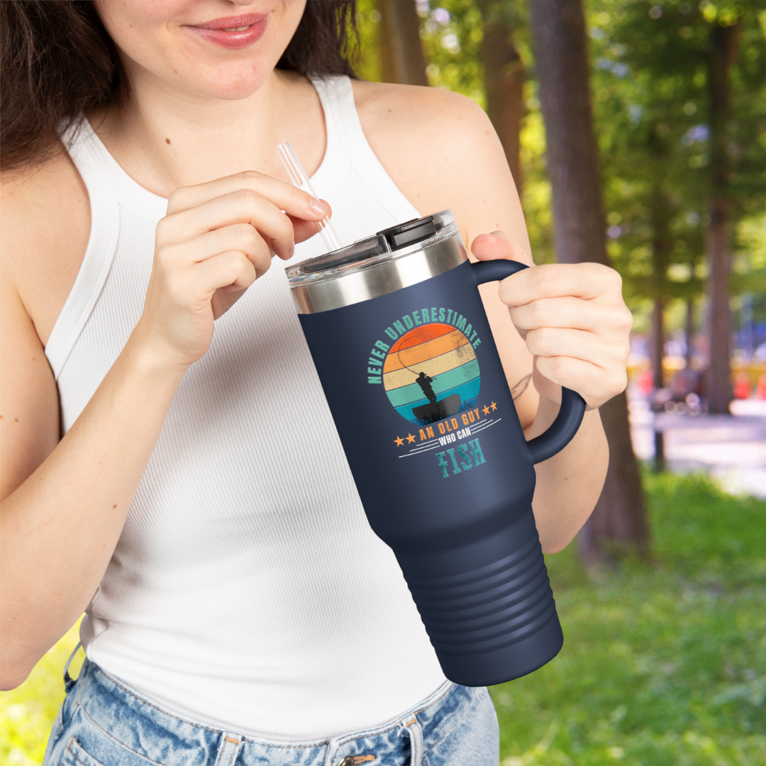 Never Underestimate an Old Guy Who Can Fish Travel Mug