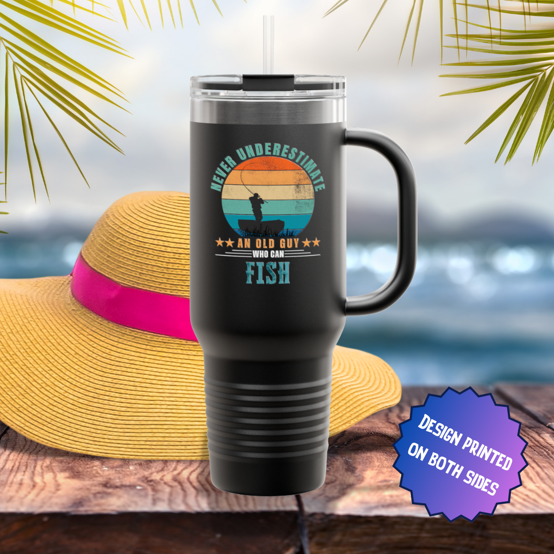 Never Underestimate an Old Guy Who Can Fish Travel Mug