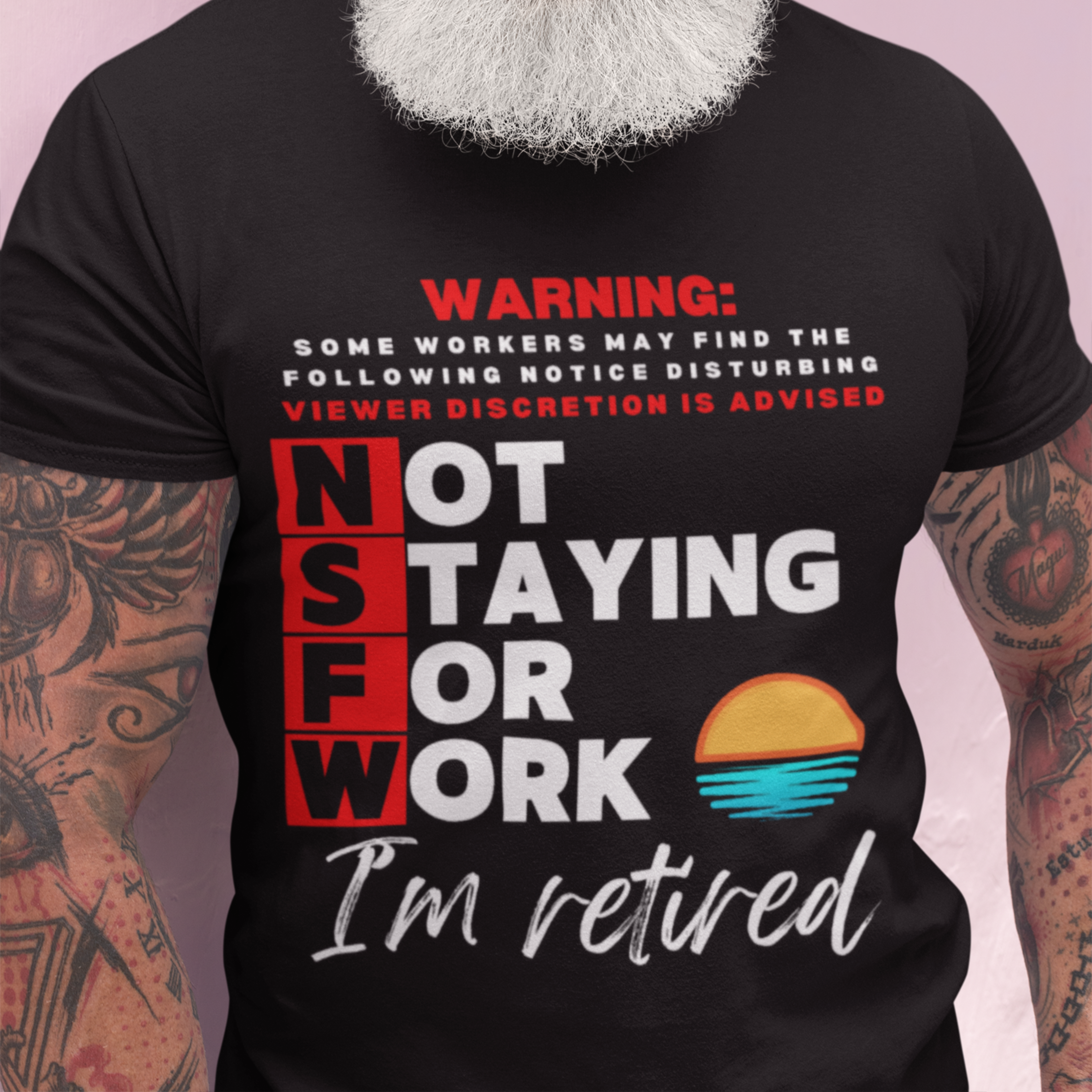 Black tee with movie-style design of the NSFW warning and a sunset motif announcing retirement