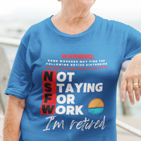 Royal blue tee with movie-style design of the NSFW warning and a sunset motif announcing retirement