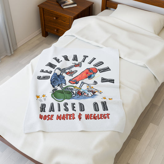 30X40 Blanket with graphic design and text on a bed in a bedroom setting
