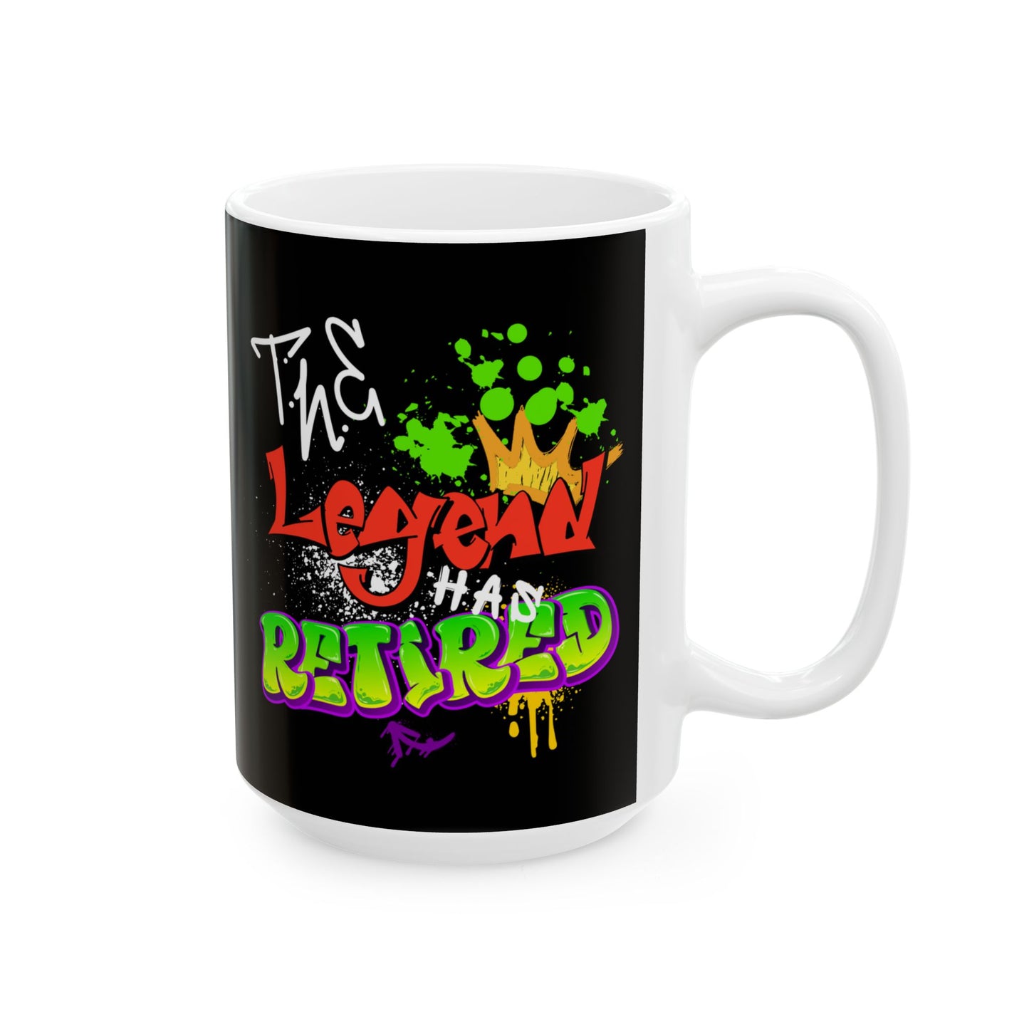 Right side Mug with colorful text design on a black background