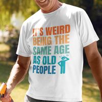 White tee featuring bold, multi-color lettering and with a pictogram of a person scratching their head in confusion
