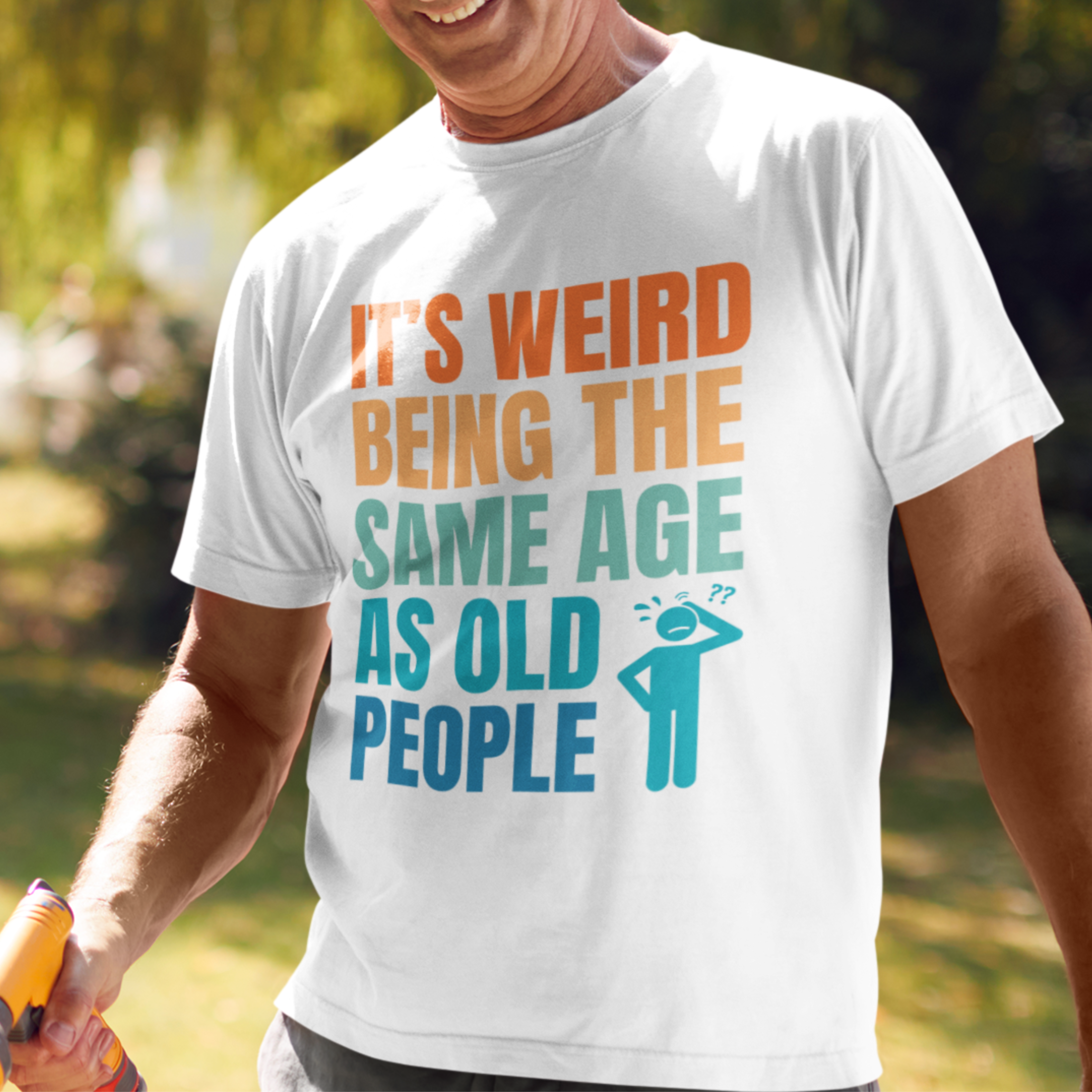 White tee featuring bold, multi-color lettering and with a pictogram of a person scratching their head in confusion